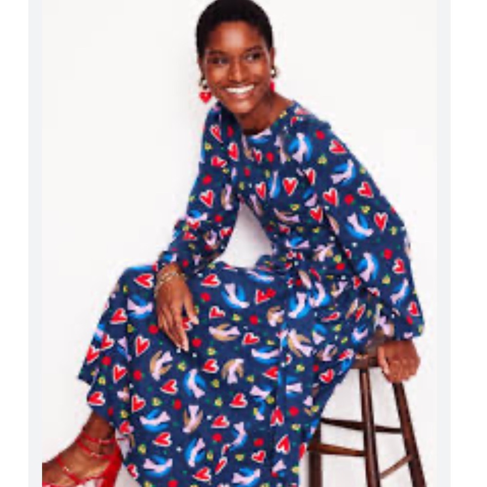 Boden Leandra Navy Blue Bird Dove Heart Print Long Sleeve Midi Dress Tie Waist 8 - Picture 4 of 13